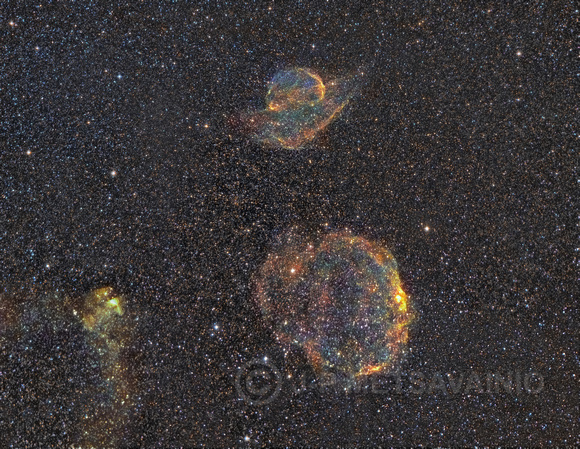 Two Supernova Remnants in a same field of view, Sharpless catalog objects Sh2-223, 224 and 225.
