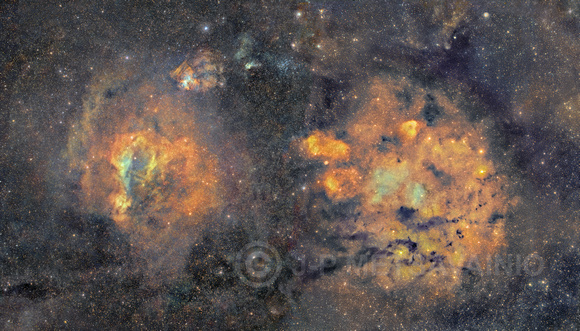 Sharpless 205, NGC 1491 and  Lynds Bright Nebula 696